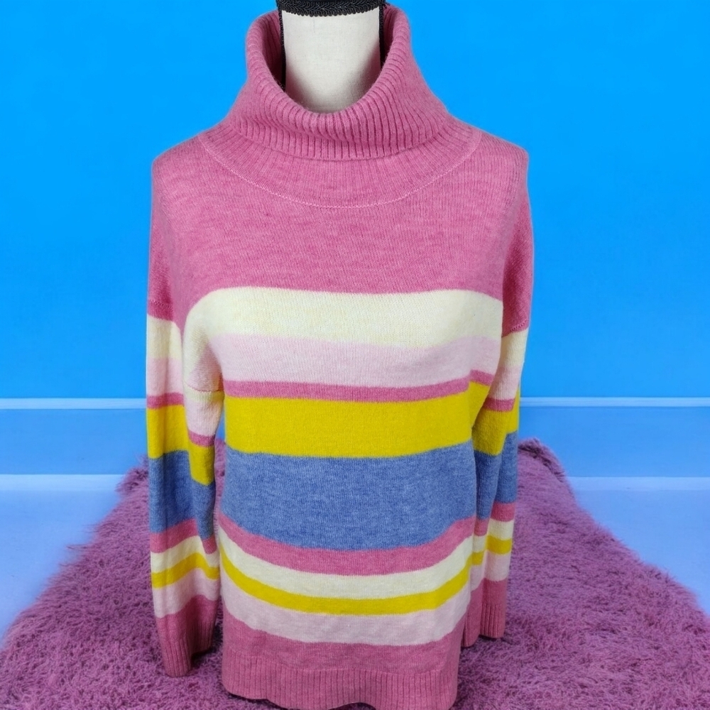 womens turtleneck sweater By DIP Size Large Pink Rainbow Form Fitting Fashion - Picture 1 of 15